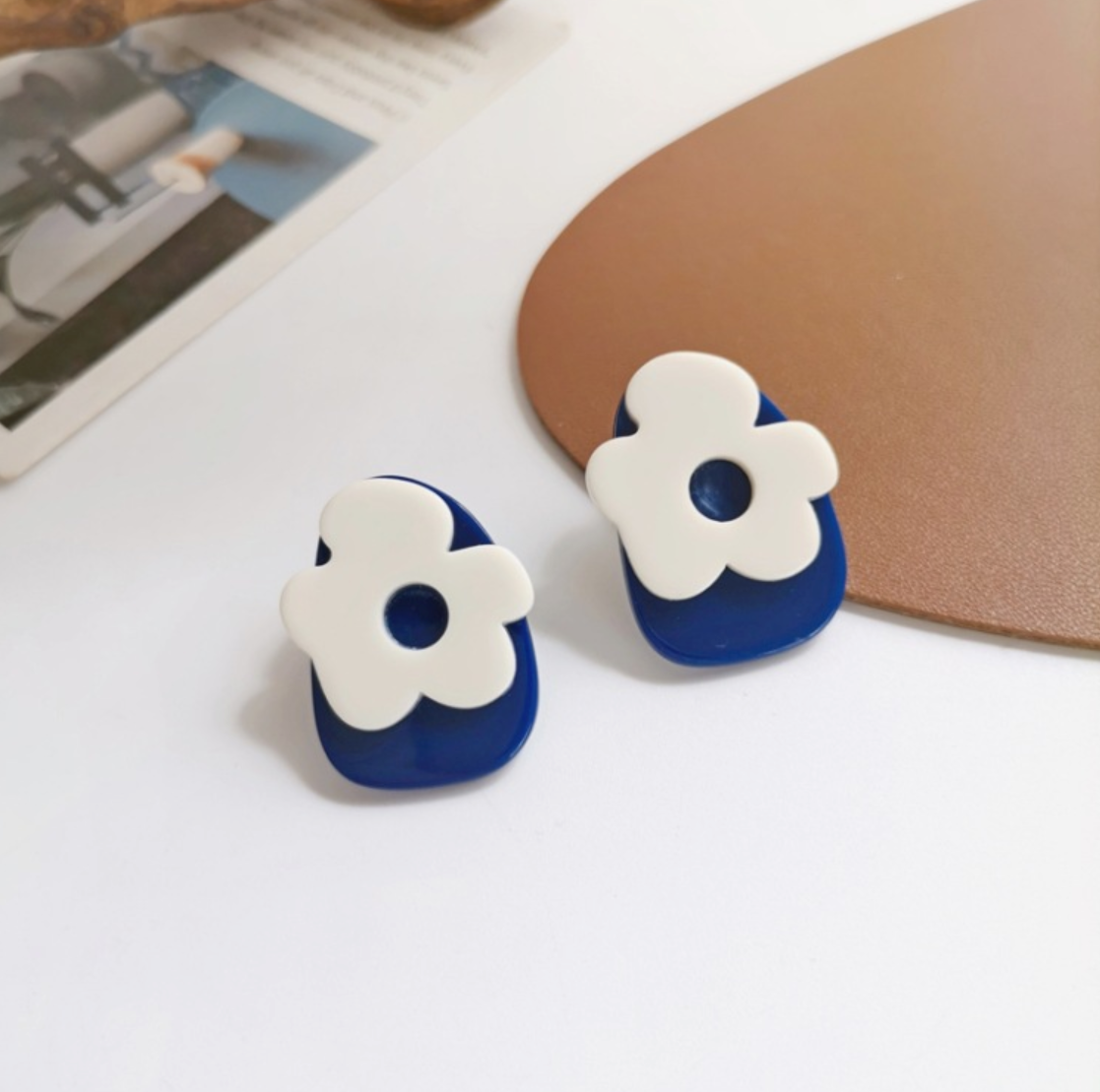 Blue white flower earrings