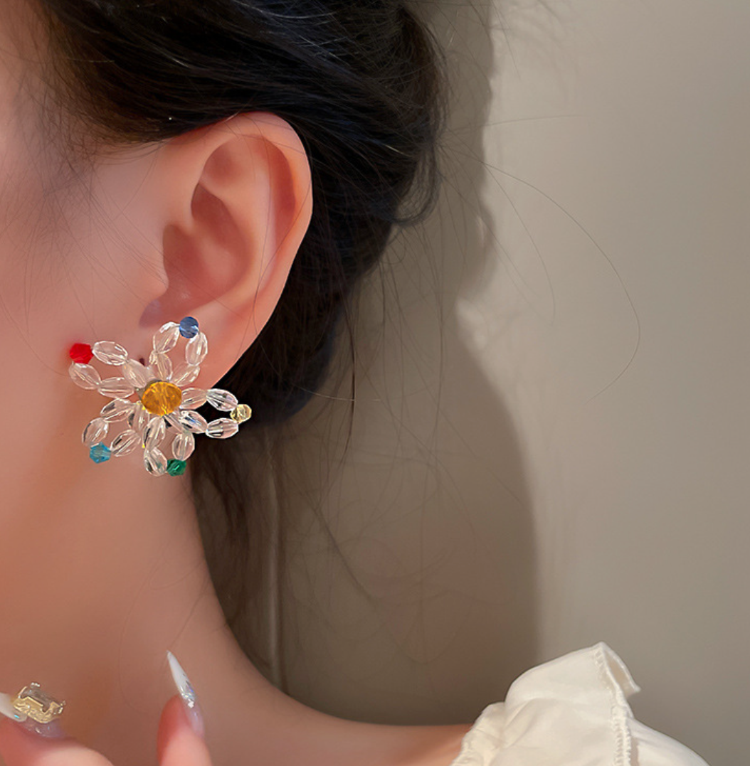 Candy-colored crystal beaded flower earrings
