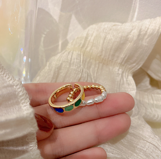 Metal color blocking ring pearl ring two-piece set