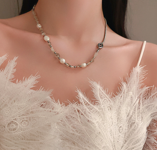 Pearl and crystal patchwork necklace