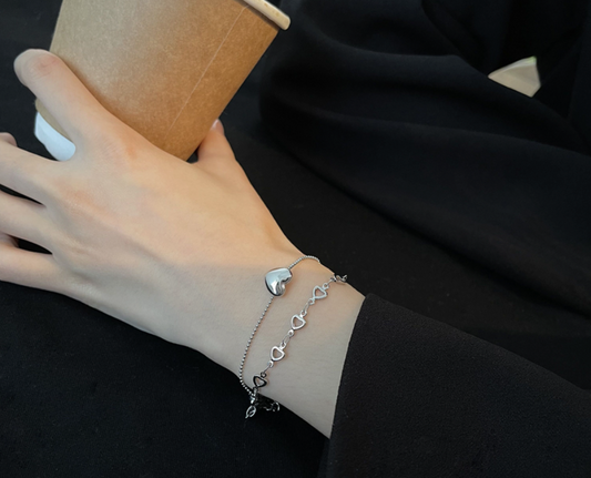 Silver heart double layer bracelet